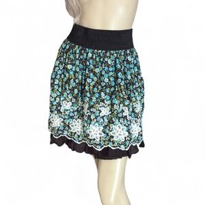 Y2K Prairiecore Floral Mini Skirt S Blue Brown Ruffle Hem Western Coquette Style